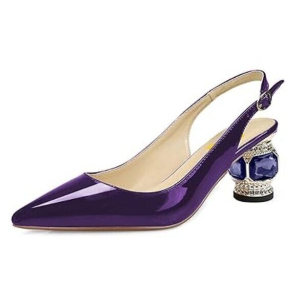 FSJ Purple Pointed Toe Slingback Wedding Pumps Chunky Low Heel Rhinestone Sandal - Picture 1 of 8